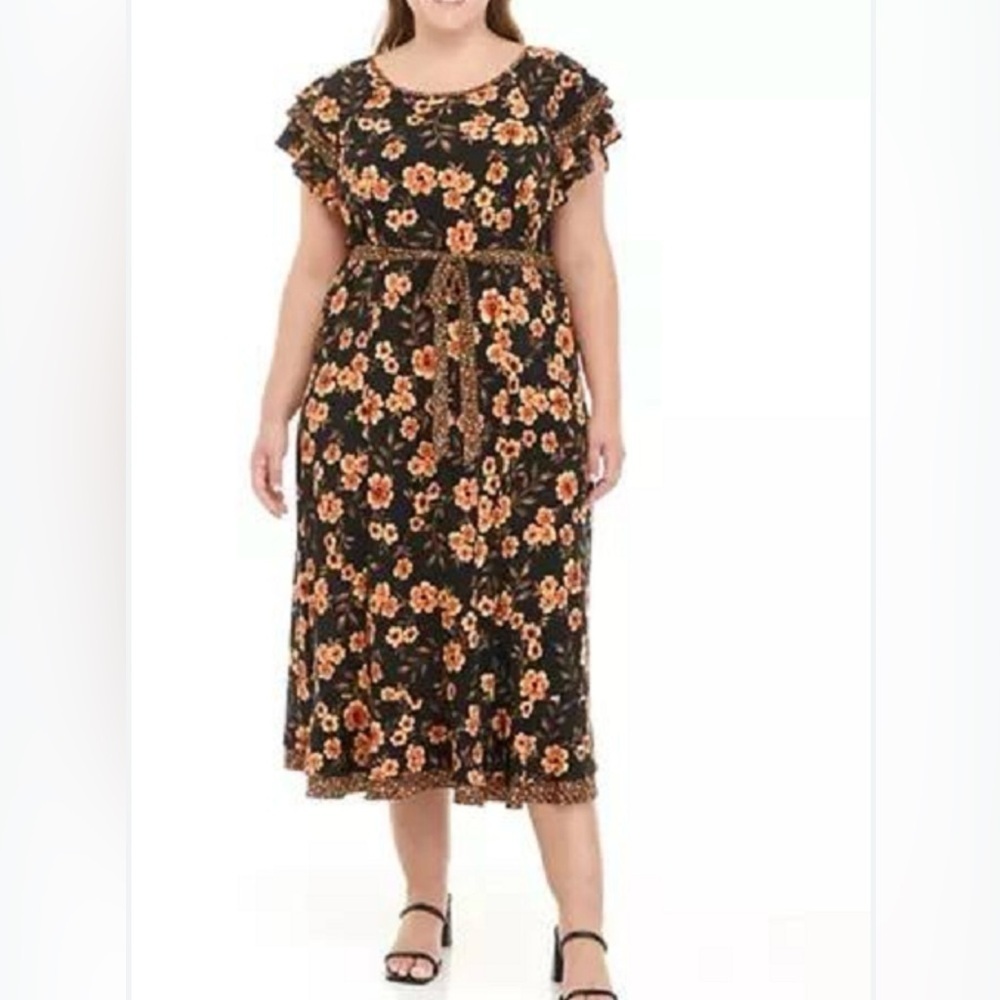 Perceptions Orange Wrap Tie Front Midi Dress